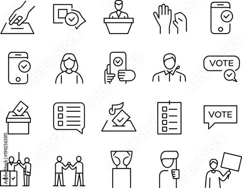 Election and Voting Line Icon Set Featuring Ballots Digital Online Voting Candidate Speech Protest and Democratic Participation Symbols