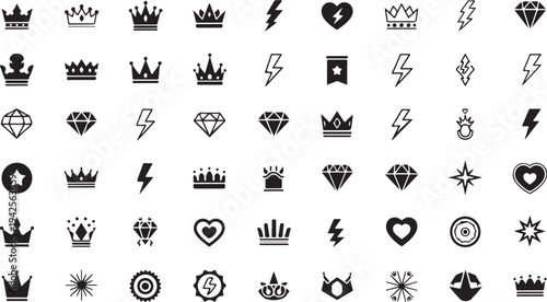 A collection of various crowns, hearts, lightning bolts, and other symbols in a grid layout isolated on transparent background, Vector