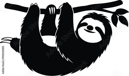 Silhouette Sloth Hanging on Tree Branch Relaxing Animal vector design