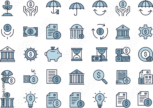 Financial Banking and Investment Icon Set Featuring Money Protection Savings Growth Insurance Documents Piggy Bank and Business Symbols