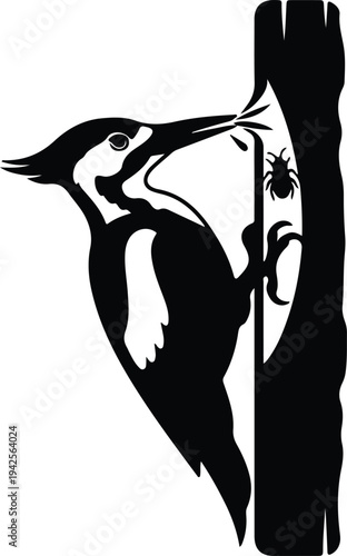 Silhouette Woodpecker Bird Pecking Tree Trunk Insect vector design