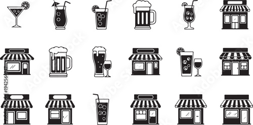 Assorted icons representing drinks and bars in a grid layout isolated on transparent background, Vector