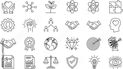 Corporate Social Responsibility Line Icon Set Featuring Business Ethics Sustainability Leadership Partnership Diversity Growth Global Vision Strategy And Core Values