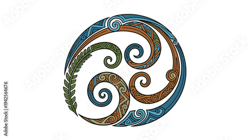 Intricate circular tribal design with swirling patterns in blue, orange, and green on a white background.