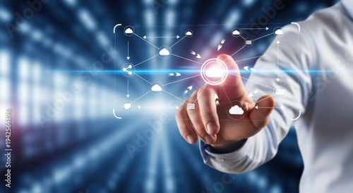 Hand of Businessman Touching Cloud Sharing and Connection Interface for Data Storage and Transfer Concept