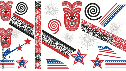 Collage of patriotic and tribal patterns with red, white, and blue stars, stripes, and tiki masks on a white background.