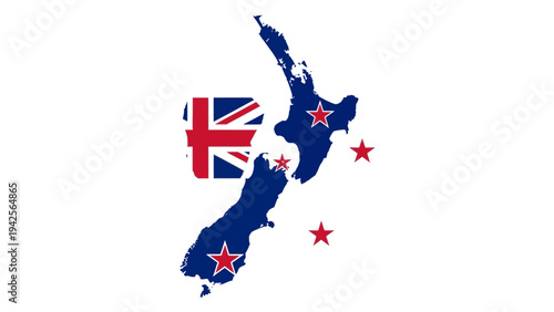 Graphic illustration of New Zealand map with red stars and Union Jack flag on white background.