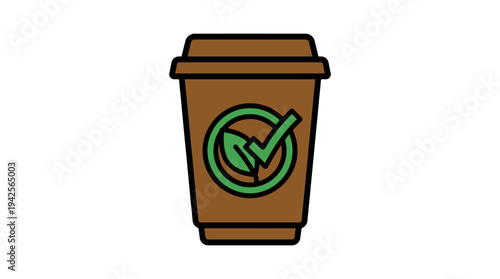 Eco-friendly biodegradable coffee cup icon with leaf checkmark symbol