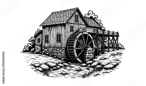 Rustic water mill with water wheel by creek vintage engraving vector illustration