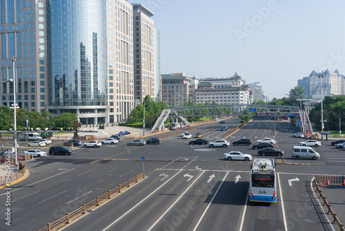 Modern Beijing City Intersection with Traffic and Office Buildings
