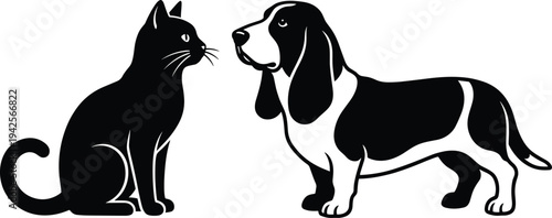 Minimalist black and white vector illustration of a friendly cat and a Basset Hound dog sitting face to face, representing friendship and companionship between pets in a simple style.