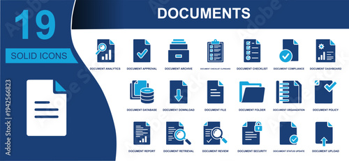 Documents icon set. Containing analytics, approval, archive, checklist, compliance, dashboard, database, download, folder, review, security, upload and more. Solid vector icons collection.