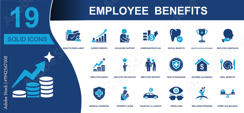 Employee benefits icon set. Containing enrollment, compensation, bonus, health insurance, dental, vision care, childcare, wellness program, leave and more. Solid vector icons collection.