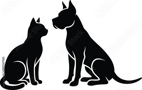 Minimalist Vector Illustration of a Cat and Dog Sitting Together Facing Each Other Isolated on White Background Representing and Veterinary Clinic Concept for Creative Projects.