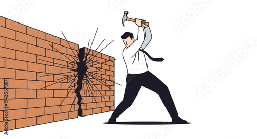 Man Breaking Through Brick Wall.