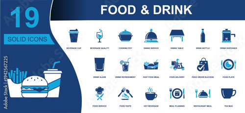 Food & drink icon set. Containing beverage cup, cooking pot, dining service, drink bottle, dispenser, delivery, fast food, hot beverage, meal planning. Solid vector icons collection.