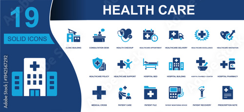 Health care icon set. Containing clinic building, consultation, health checkup, appointment, delivery, hospital pharmacy, patient care, monitoring device, recovery and more