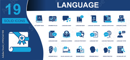 Language icon set. Containing dictionary, grammar, audio, certificate, exam, translation, tutor, speaking, reading, listening and more. Solid vector icons collection for language learning.