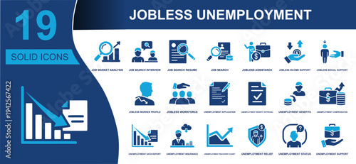 Jobless unemployment icon set. Containing job search, resume, assistance, benefits, compensation, relief, support, workforce, status, recovery and more. Solid vector icons collection.