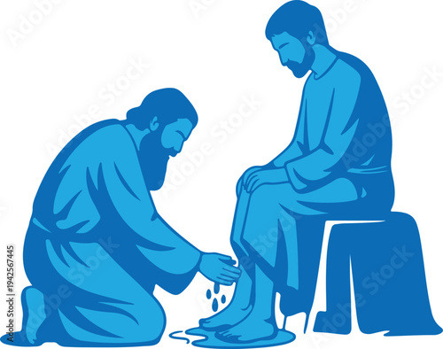 A minimalist two-tone illustration capturing the ancient tradition of foot washing, where one person humbly serves another