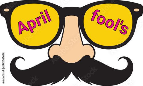 A vibrant vector illustration of novelty disguise glasses featuring a comical fake nose and mustache, with "April Fool's" text on the lenses, symbolizing playful pranks 