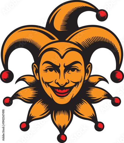Classic illustration of a grinning jester's head, featuring a mischievous facial expression and a traditional, multi-pointed hat with decorative bells, rendered in a bold, stylized artwork