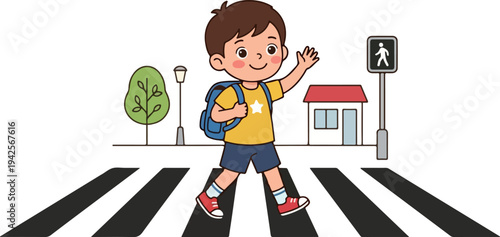 Children crossing crosswalk traffic safety education illustration