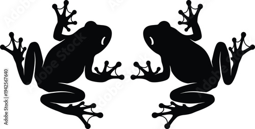 Symmetrical silhouette illustration of two tree frogs facing each other on a plain white background, perfect for nature-themed graphic design, wildlife prints, or stylized animal creative projects.