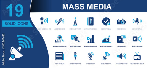 Mass media icon set. Containing microphone, broadcast tower, notebook, camera, monitoring, report, streaming, news, radio, satellite, television and more. Solid fill vector icons collection.