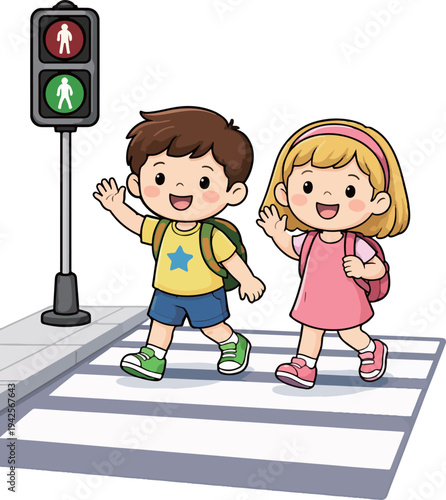Children crossing crosswalk traffic safety education illustration
