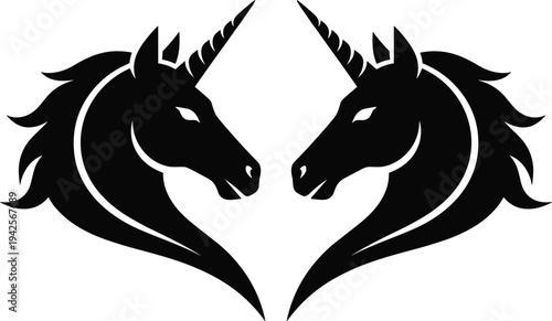 Symmetrical vector illustration of two facing unicorn heads, magical mythical creatures in silhouette style, perfect for fantasy emblem, logo design, or creative project artwork on a white background.