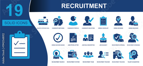 Recruitment icon set. Containing candidate matching, hiring, vacancy, screening, talent acquisition, interview panel, job offer, recruitment tracking and more. Solid vector icons collection.