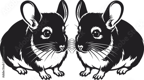 Two Adorable Chinchillas Facing Each Other Black and White Vector Illustration Isolated and Creative Projects Featuring Cute Rodent Concept Art