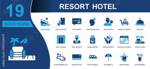 Resort hotel icon set. Containing beach access, guest review, hotel bell, elevator, security, laundry, massage, pool, shuttle, towel service and more. Solid fill vector icons collection.