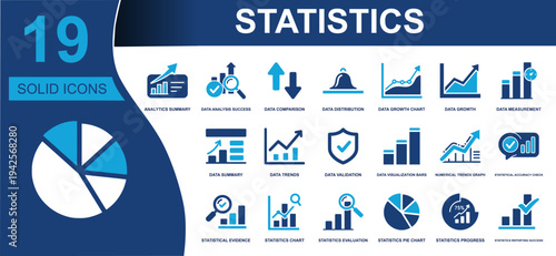 Statistics icon set. Containing analytics, data comparison, distribution, growth charts, trends, validation, pie chart, progress, reporting and more. Solid vector icons collection.