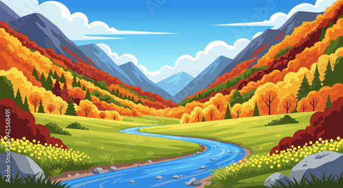 Beautiful Autumn Mountain Landscape with River Vector Illustration in Vibrant Colors