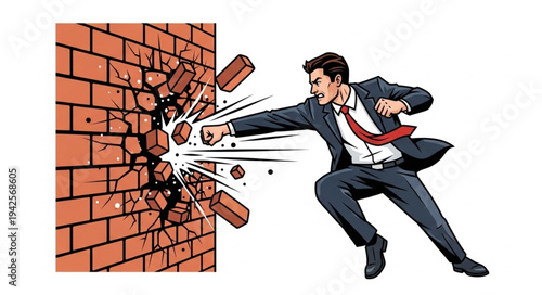 Man Breaking Through Brick Wall.