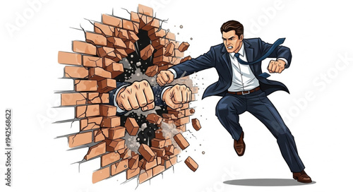 Man Breaking Through Brick Wall.