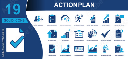 Action plan icon set. Containing alignment, checklist, monitoring, dashboard, review, steps, reporting, priority, execution, implementation, progress and more. Solid vector icons collection.