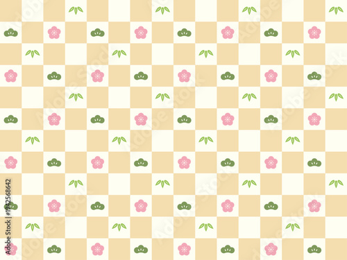 松竹梅の模様入り市松模様　かわいい春色の和柄シームレスパターン　縁起が良い松竹梅の柄入り和風背景素材ベクターイラスト