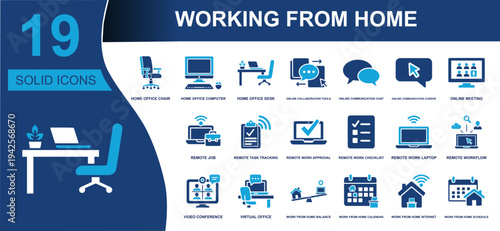Working from home icon set. Containing home office, online meeting, remote job, task tracking, workflow, video conference, virtual office, schedule and more. Solid vector icons collection.