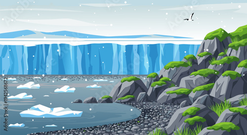 Stunning Vector Illustration of an Antarctic Iceberg and Rocky Shoreline with a Bird Flying Above