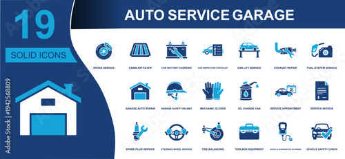 Auto service garage icon set. Containing brake service, air filter, battery charging, inspection, car lift, exhaust repair, oil change, diagnostics and more. Solid vector icons collection.