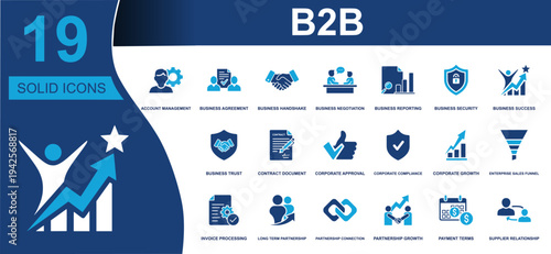 B2B icon set. Containing account management, agreement, handshake, negotiation, reporting, security, trust, contract, approval, compliance, growth, funnel. Solid vector icons collection.