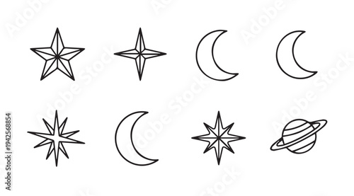 Celestial Body Icons Set: Stars Moons and Planet Line Art Collection
