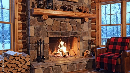 Cozy fireplace in a rustic cabin interior with a burning fire and a snowy forest outside