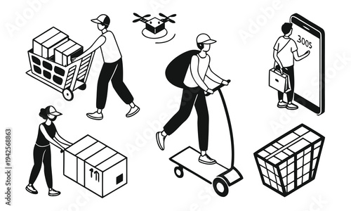 Man and woman shopping with bags in a supermarket sale illustration