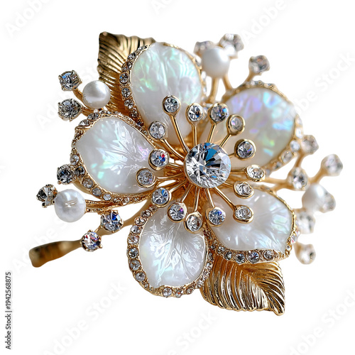 Exquisite close-up of a floral brooch with pearly petals, crystals, and gold accents