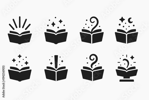 Enchanted Book Icons. Enchanted books releasing light and magic. Filled icon set of enchanted books releasing