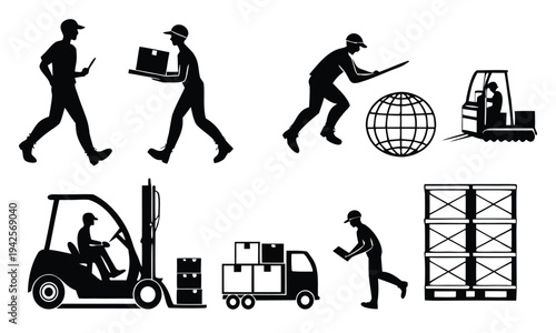 Vector silhouettes of workers and people including men women and children in various activities shown as simple black icons